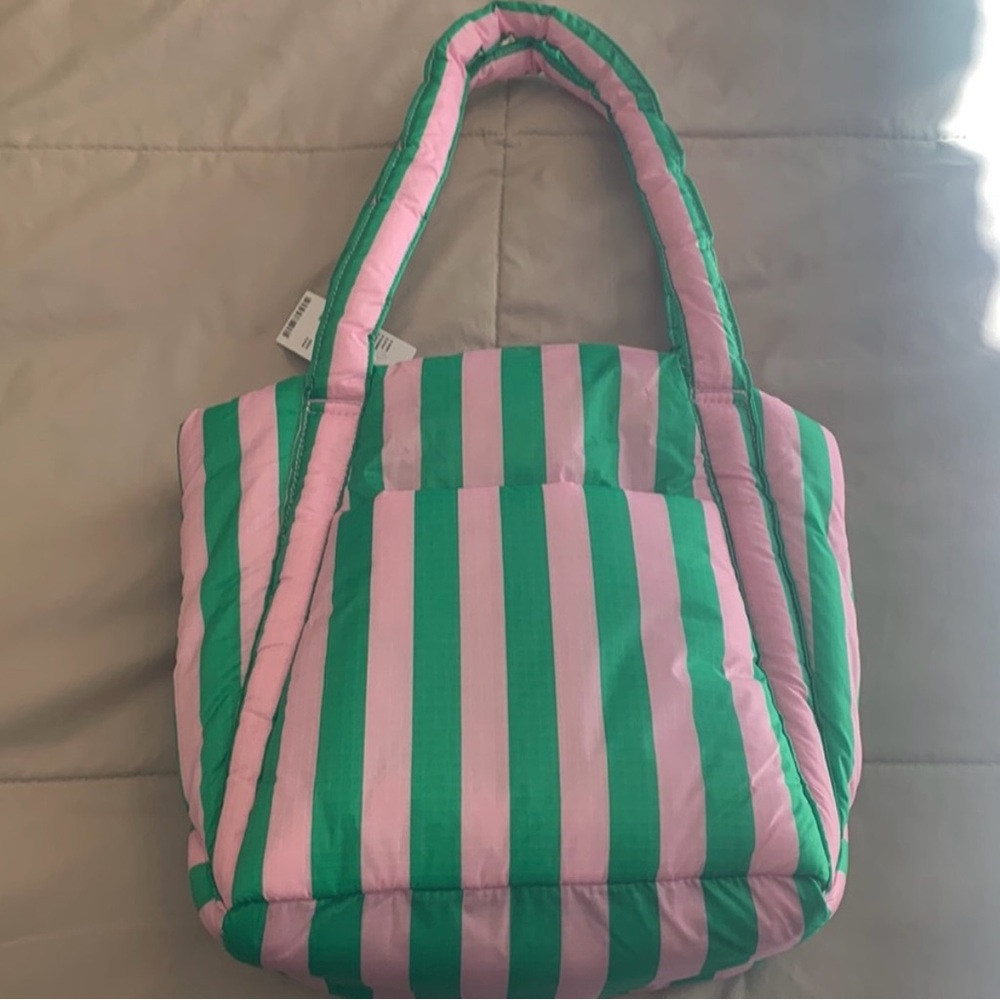 Baggu puffy mini tote, pink green awning stripe